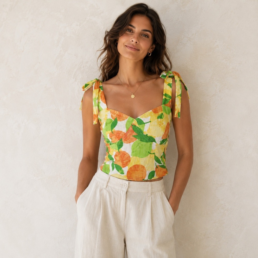 Rose + Olive Tank Top Citrus Fruit Print Tie Shoulder Resort Crop Size M